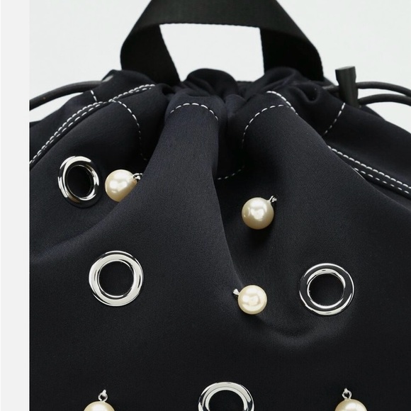 3.1 Phillip Lim Go-Go Faux Pearl and Eyelet Black Satin Drawstring Backpack - Picture 5 of 6